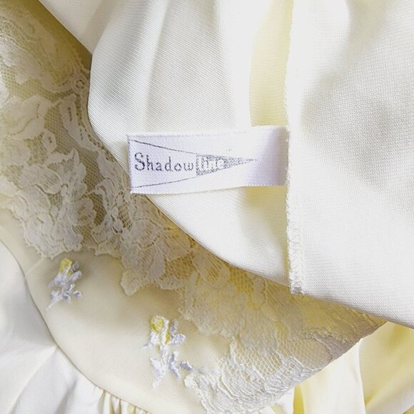 Vintage ShadowLine Robe Women M Yellow Short Sleeve Button Down Lace Trim Pocket - Picture 5 of 11